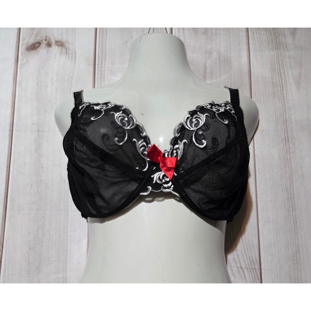 Cacique Black Sheer Mesh White‎ Floral Embroidered Underwire Bra 40DDD Red Bow